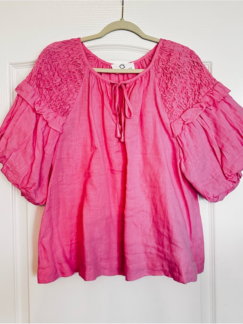 Women’s Bright Pink Smocked Yoke Peasant Blouse